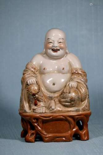 Chinese Porcelain Buddha with Marblized Robe - Signed