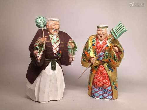 Japanese Pair Wood Figurine with Lacquer