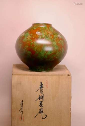 Japanese Art Deco Bronze Vase with Gold Silver Inlay