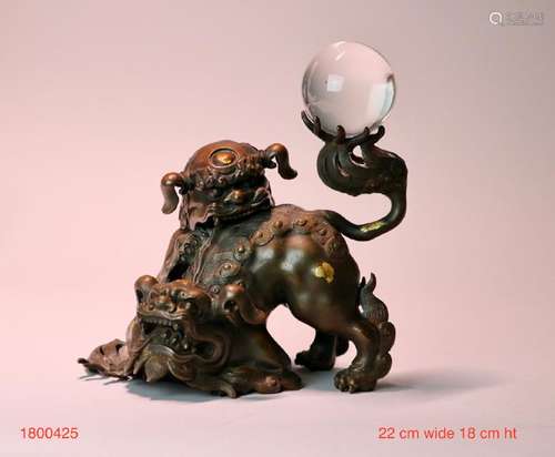 Japanese Bronze Shishi with Crystall Ball