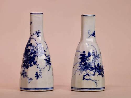 Pair Japanese Seto Blue White Sake Bottle