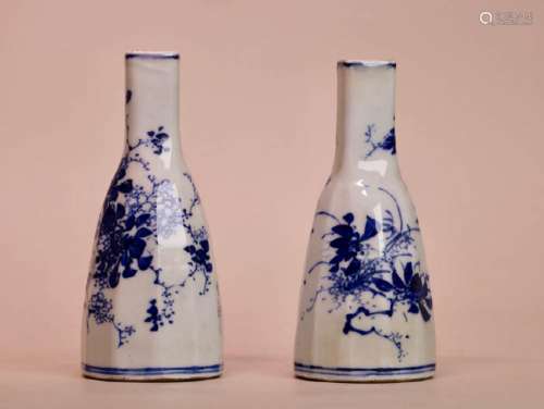 Pair Japanese Seto Blue White Sake Bottle