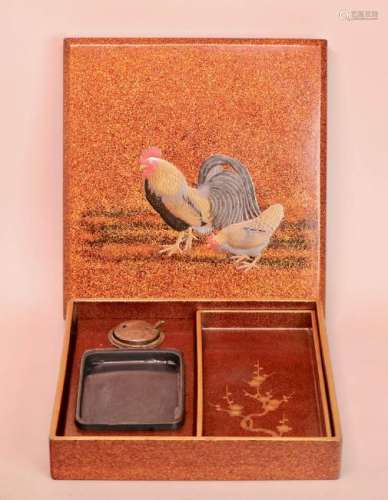 Japanese Lacquer Inkstone Box - Roosters
