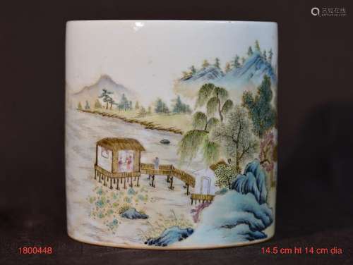 Chinese Famille Rose Porcelain Brushpot - Landscape