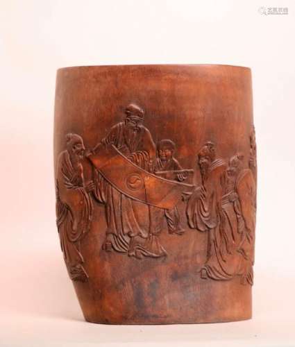 Chinese Bamboo Brushpot with Scholars