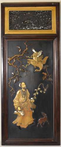 Japanese Wood Panel with Figural Inlay