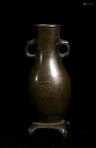 Japanese Miniture Bronze Vase with Silver Wire Inlay -