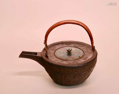 Japanese Iron Teapot with Cloisonne Cover