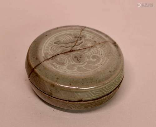 Rare Korean Porcelain Celadon Seal Paste Box with Face