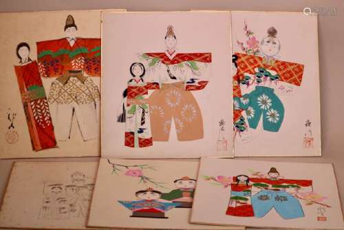 Japanese Water Color - Dolls - Group of Six