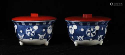Pair Japanese Blue white Porcelain Teabowls with Cover