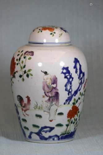 Chinese Porcelain Covered Vase with rooster Scene