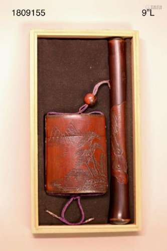 Unusual Japanese Carved Bamboo Tobacco Pipe and Case