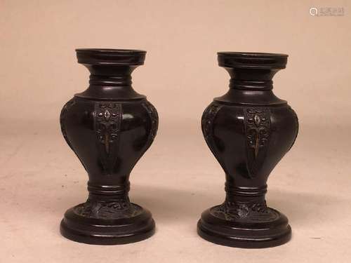 Pair Japanese BronzeMiniture Vases with Gold Inlay