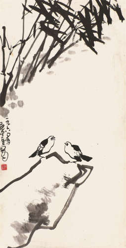 许麟庐(1916-2011) 竹石双栖 设色纸本 立轴