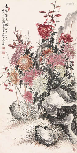 缪甫孙(1875-1955) 南阳仙菊图 设色纸本 立轴