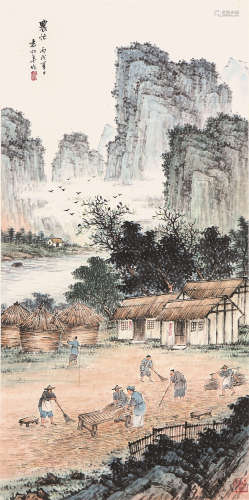袁松年(1895-1966) 农忙 设色纸本 立轴
