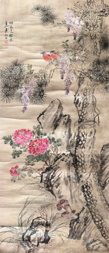 吴树本(1869-1938) 争艳图 设色泥金 镜片