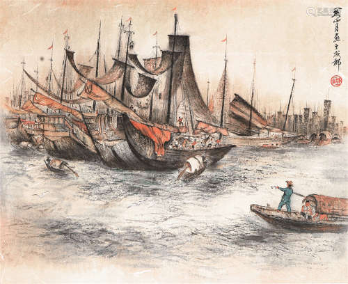 关山月(1912-2000) 渔港 设色纸本 立轴