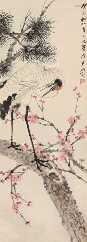 朱梦庐(1826-1900) 桃花仙鹤 设色纸本 立轴
