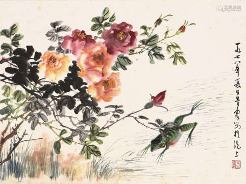 吴青霞(1910-2008) 蛙趣 设色纸本 镜片