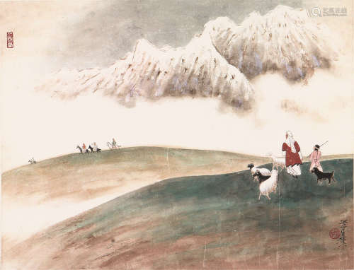 关山月(1912-2000) 牧羊图 设色纸本 镜片