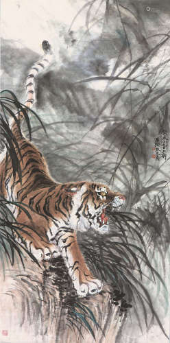 朱文侯(1895-1961) 虎啸图 设色纸本 立轴