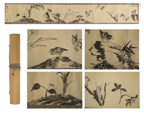 CHINESE HAND SCROLL PAINTING OF BIRD ON ROCK