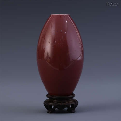 CHINESE PORCELAIN RED GLAZE OLIVER SHAPED VASE