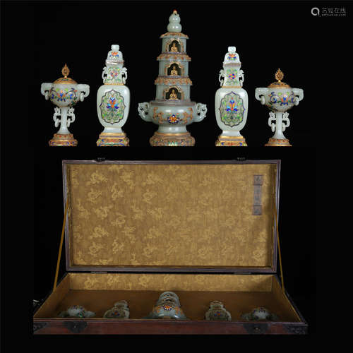 FIVE CHINESE GEM STONE INLAID GILT SILVER ENAMEL CELADON JADE BUDDHIST ALTAR VESSELS