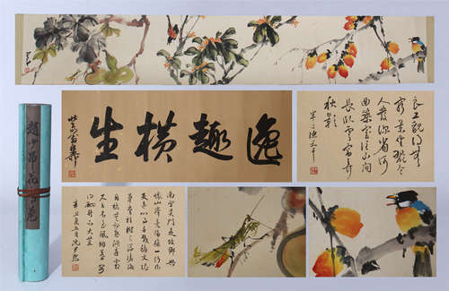 CHINESE HAND SCROLL PAINTING OF BIRD AND FLOWER WITH CALLIGRAPHY