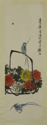 CHINESE SCROLL PAINTING OF FLOWER IN BASKET AND BIRD