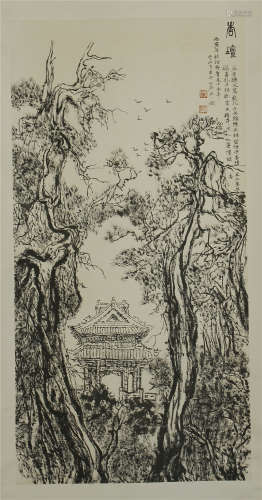 CHINESE SCROLL PAINTING OF PAVILION IN WOOD