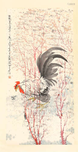 CHINESE SCROLL PAINTING OF ROOSTER IN FLOWER