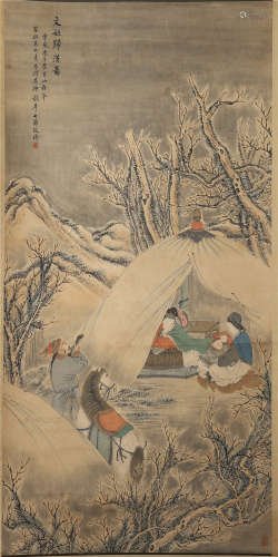 CHINESE SCROLL PAINTING OF FIGURES IN CAMPING TENT