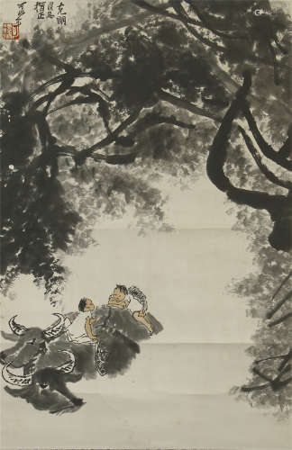 CHINESE SCROLL PAINTING OF BOY ON OX UNDER TREE