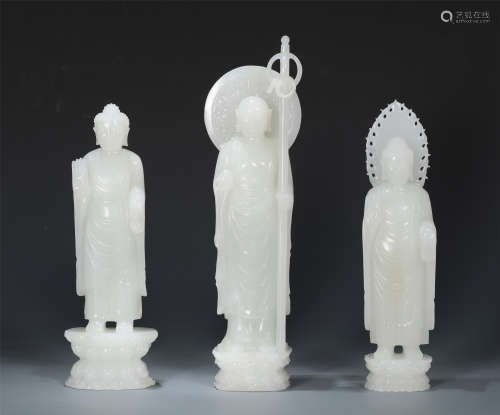 THREE CHINESE WHITE JADE STANDING BUDDHA