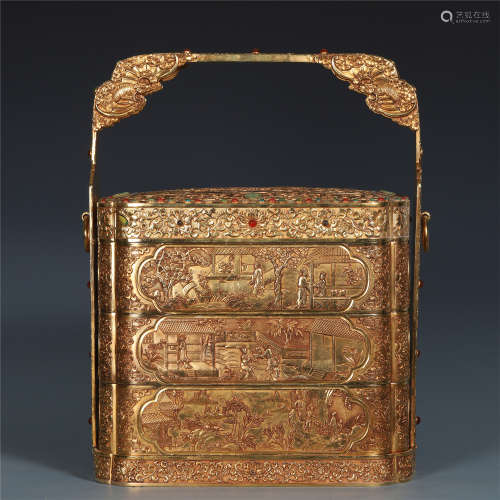CHINESE GILT BRONZE LONG HANDLE LAYER LUNCH CONTAINER