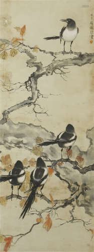 CHINESE SCROLL PAINTING OF BIRD ON TREE