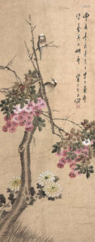 朱梦庐(1826-1900) 繁花双翠 设色纸本 立轴