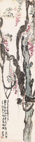 胡郯卿(1865- ？ ) 紫滕翠鸟 设色纸本 立轴
