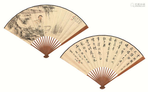 郑慕康(1901-1982) 沈尹默(1883-1971) 泛舟吹箫·书法 设色 纸本成扇