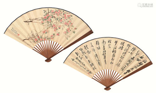 吴 徵(1878-1949) 吴昌硕(1844-1927) 桃花灼灼·书法 设色 纸本成扇