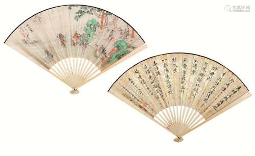 刘冠英 张 寿(1877-1947) 群仙图·书法 设色 纸本成扇
