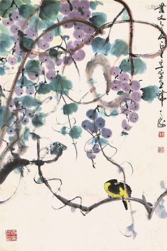 韩天衡(b.1940) 葡萄翠鸟 设色纸本 立轴