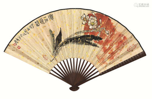 郑乃珖(1911-2005) 仙石迎年图 设色纸本成扇