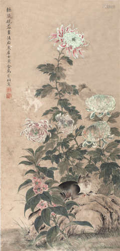 马家桐(1860-1930) 猫嬉图 设色纸本 立轴