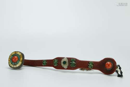 A superb cinnabar carved Ruyi scepter/coral jade