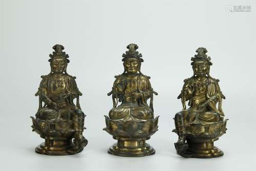 Antique x3 gilt bronze seated Guanying figures