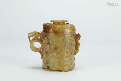 A nice carved Russet jade handled cup/dragon pot